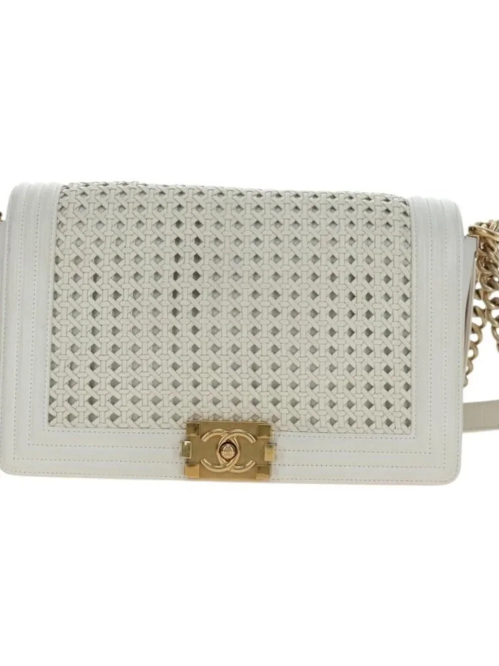 CHANEL Chain Boy Chanel Shoulder Bag Leather White Gold CC Auth ka4428V